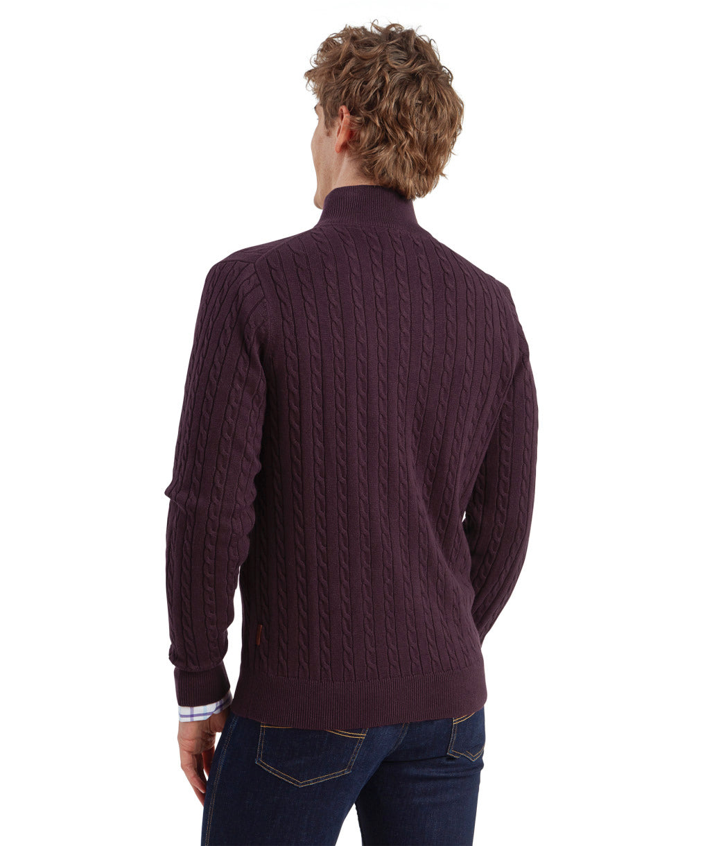 Calton Cotton Cashmere Cable Quarter Zip Jumper Wine