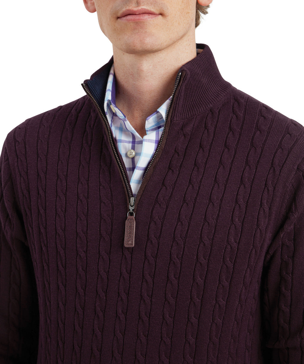 Calton Cotton Cashmere Cable Quarter Zip Jumper Wine