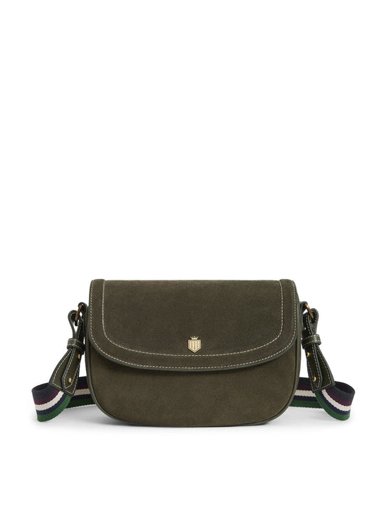 Boston Women’s Saddle Bag - Moss Green Suede & Striped Webbing