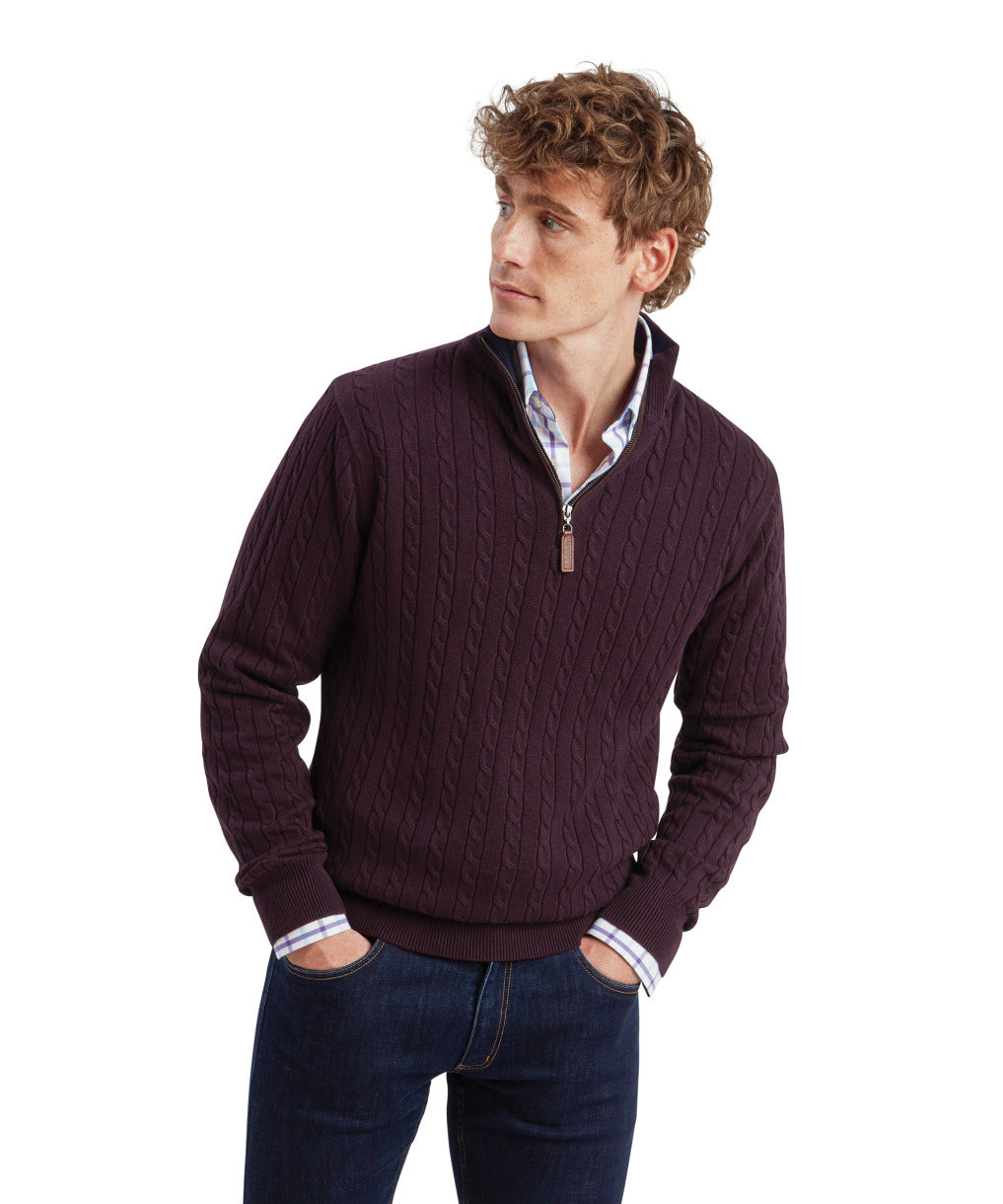 Calton Cotton Cashmere Cable Quarter Zip Jumper Wine