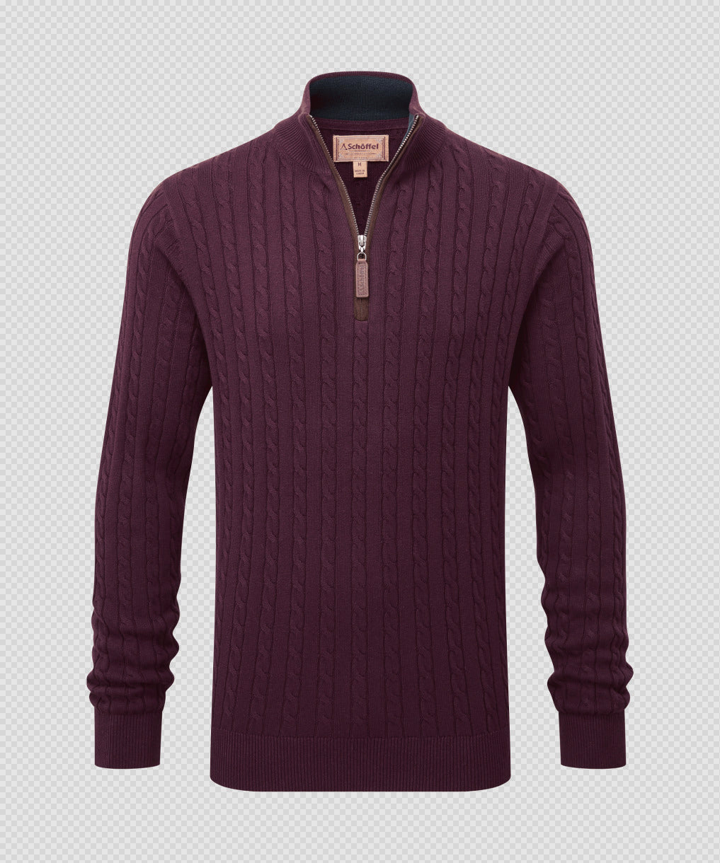 Calton Cotton Cashmere Cable Quarter Zip Jumper Wine