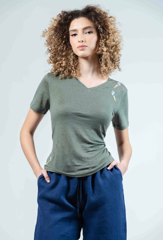 Chloe olive pheasant linen top