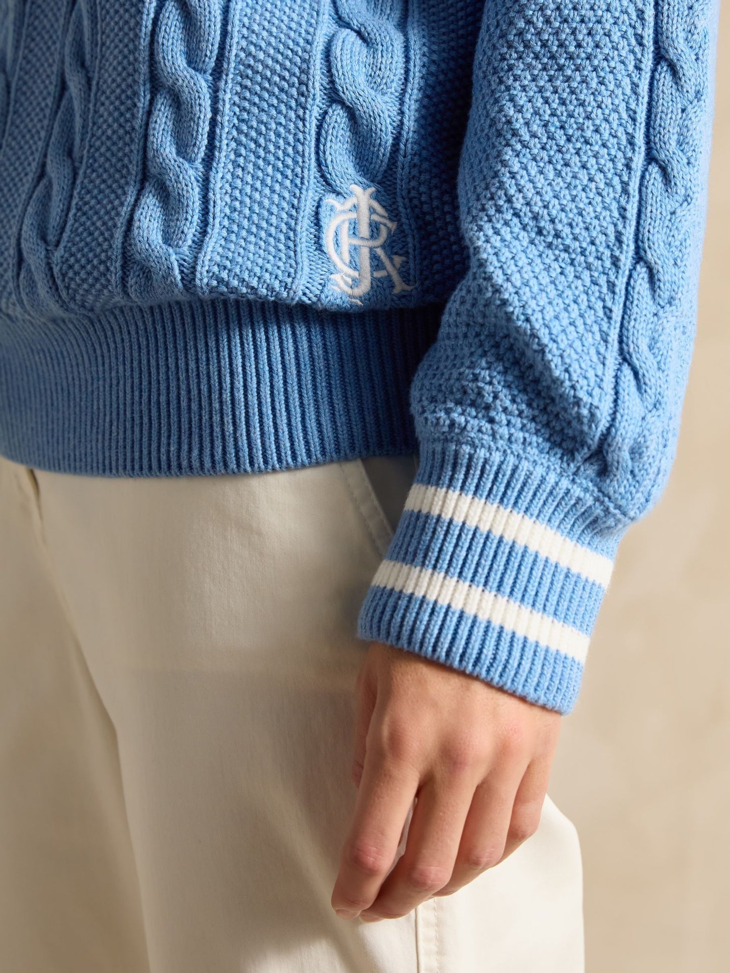 Dibbly Blue Cable Knit Cricket Jumper