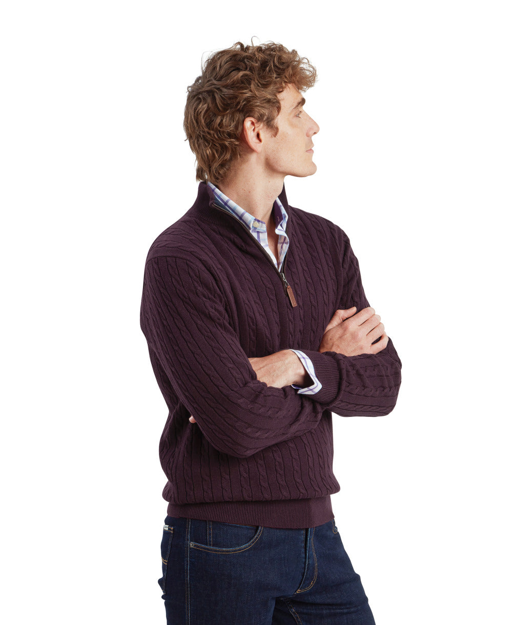 Calton Cotton Cashmere Cable Quarter Zip Jumper Wine