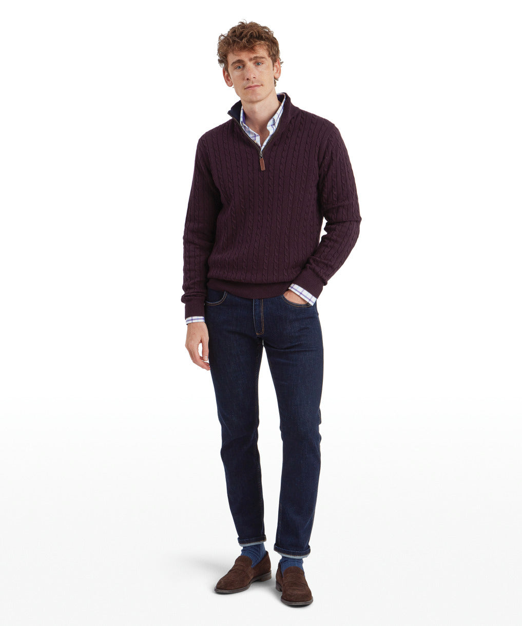 Calton Cotton Cashmere Cable Quarter Zip Jumper Wine