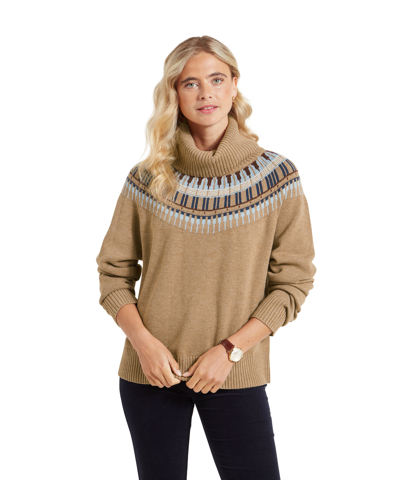 Filey Fairisle Roll Neck Jumper Warm Sand