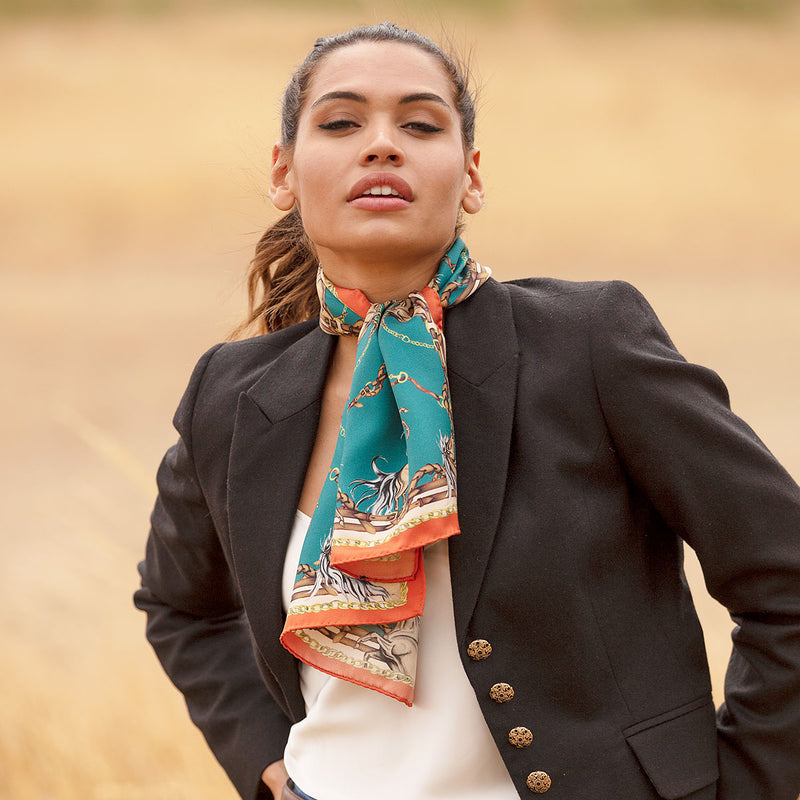 Rearing To Go Teal & Rust Narrow Silk Scarf