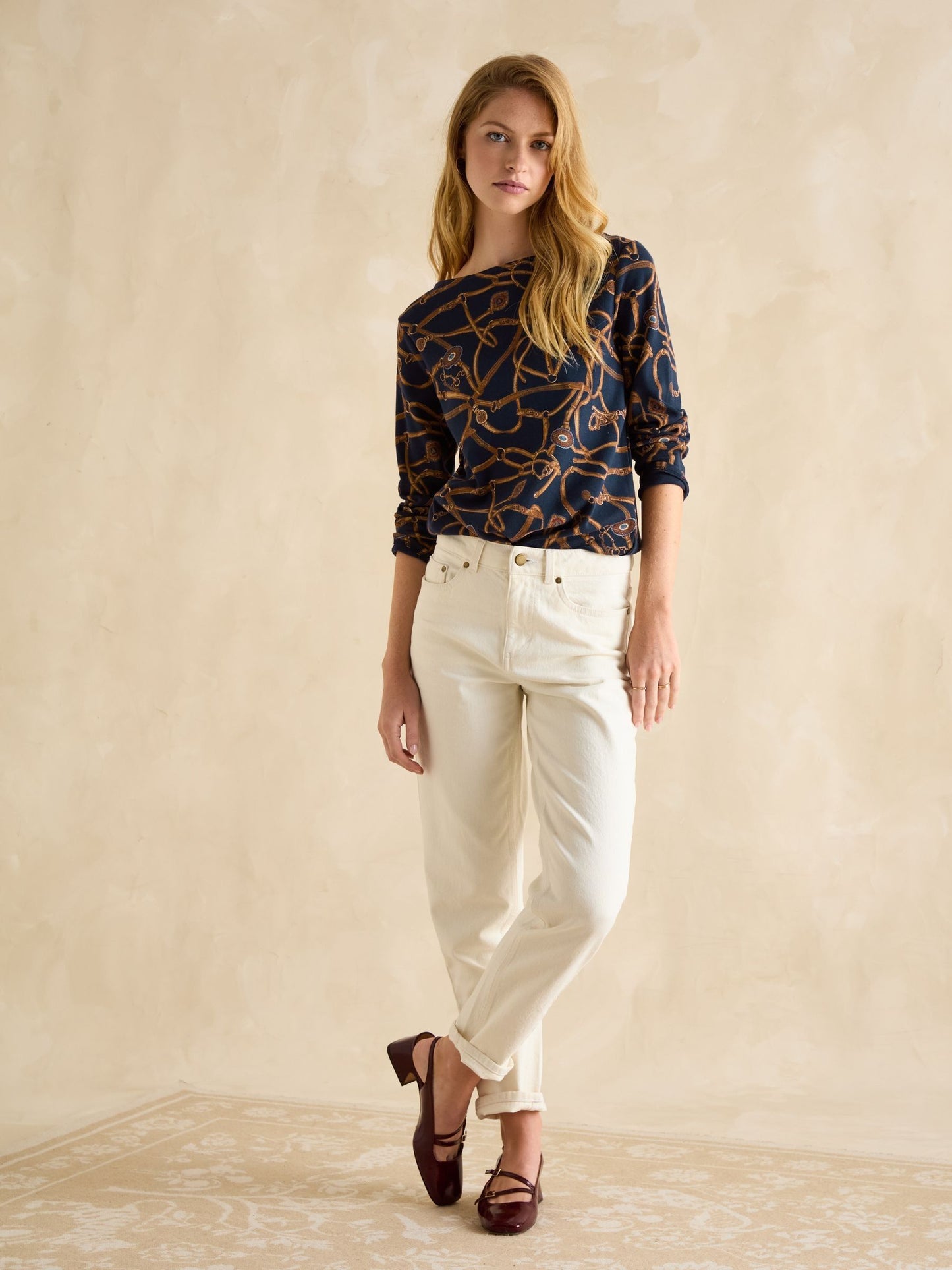 Harbour Navy Bridle Boat Neck Printed Top