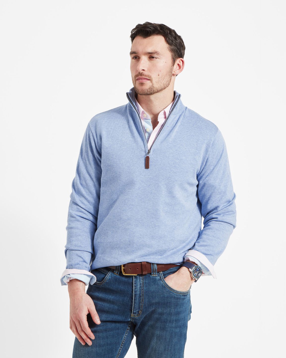 Porthmeor Pima Cotton 1/4 zip Sky Blue