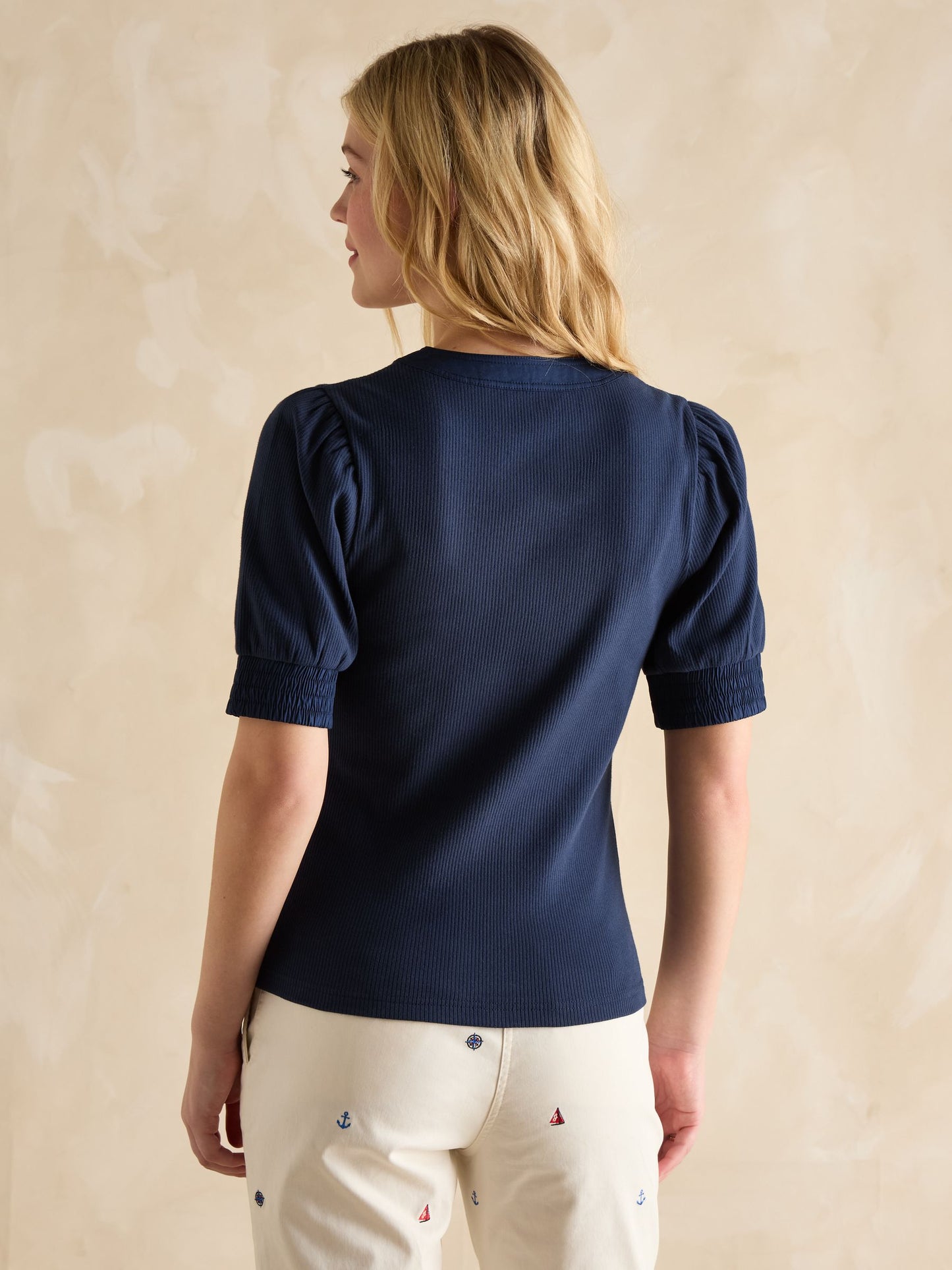 Tabitha Navy Ribbed V-Neck Top With Puff Sleeves