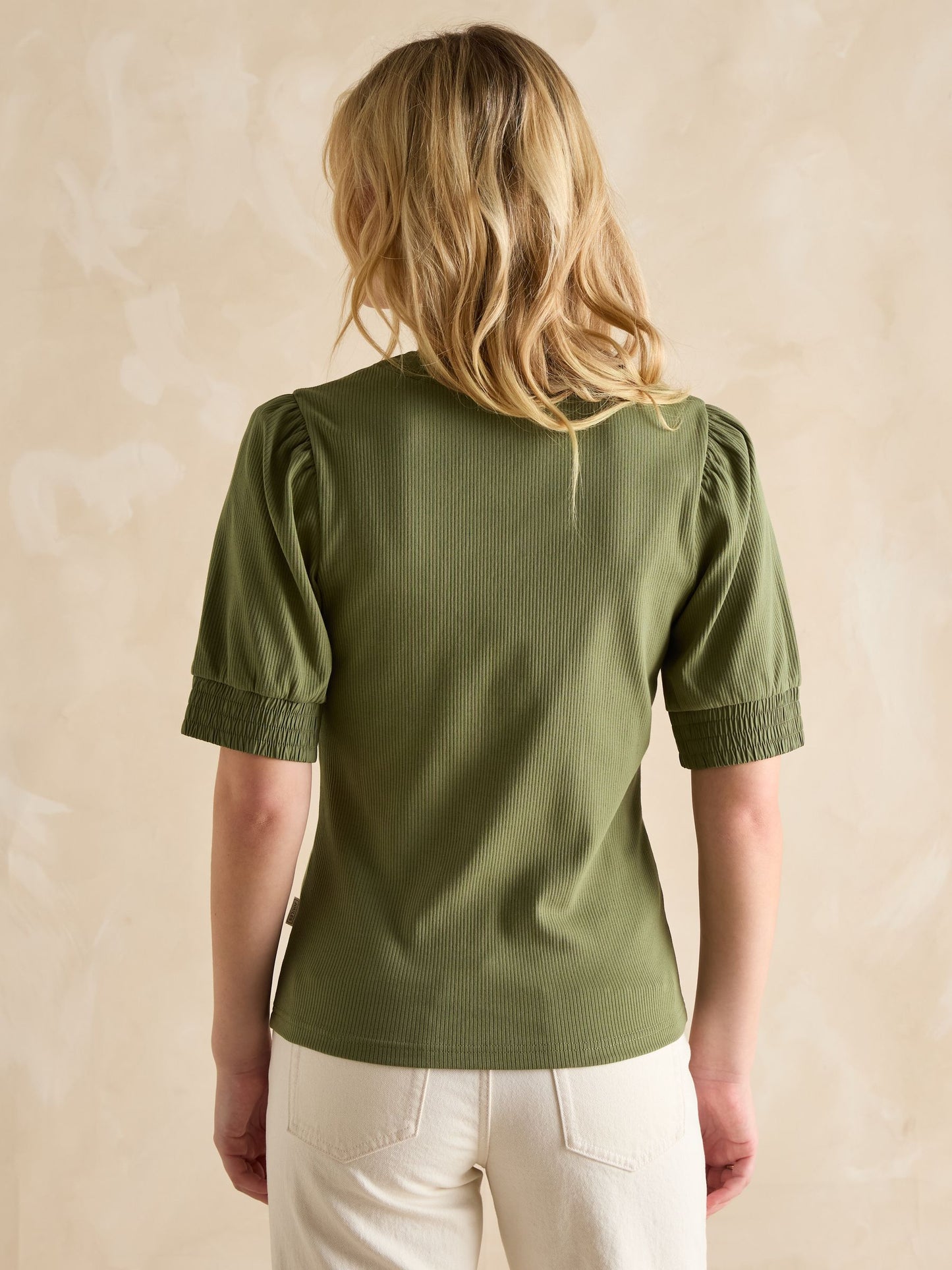 Tabitha Khaki Green Ribbed V-Neck Top With Puff Sleeves