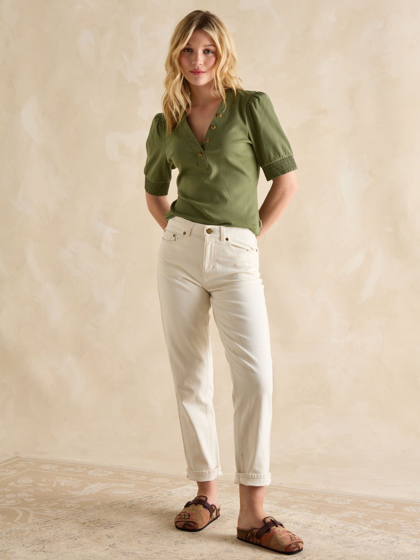 Tabitha Khaki Green Ribbed V-Neck Top With Puff Sleeves