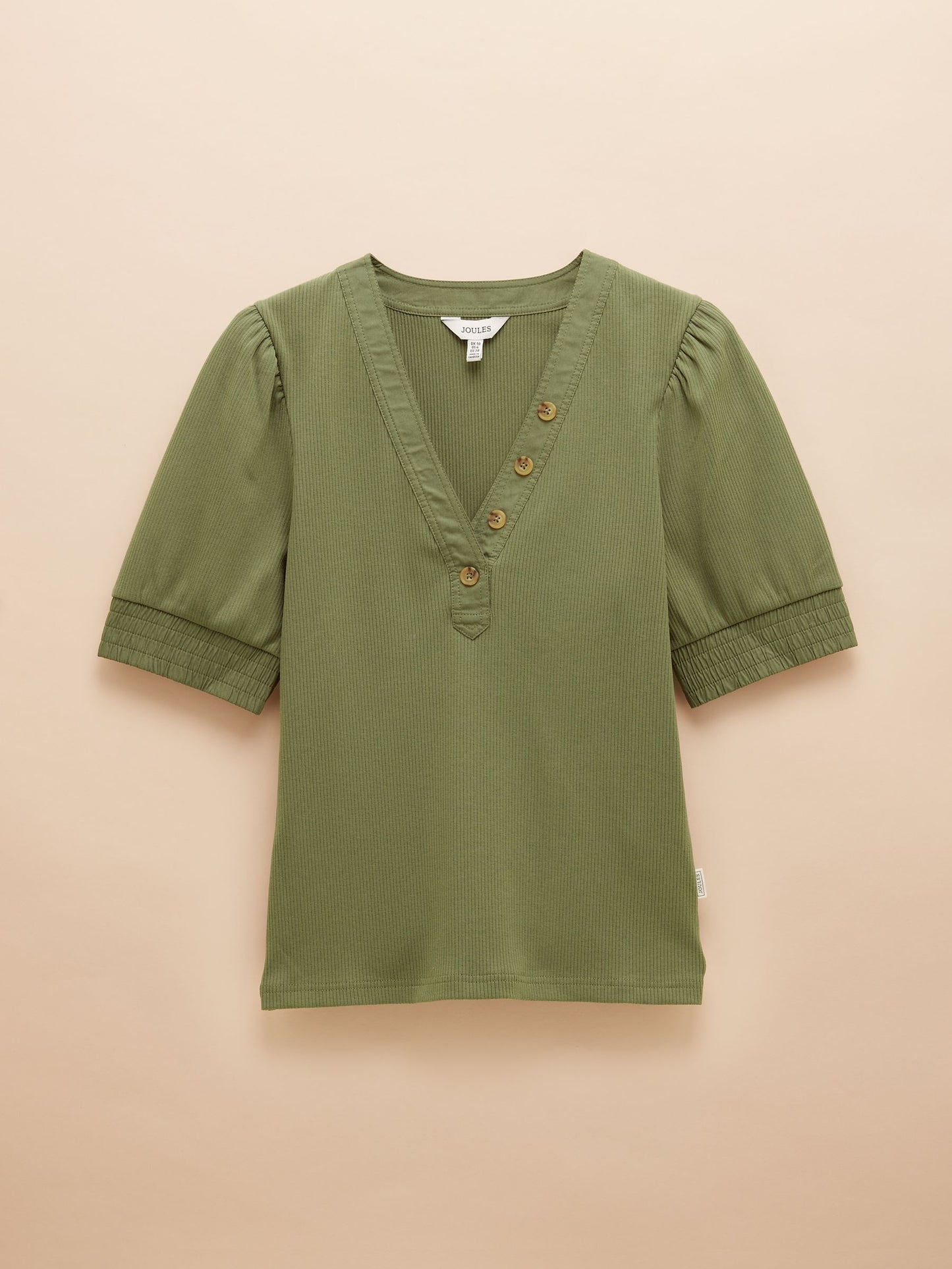 Tabitha Khaki Green Ribbed V-Neck Top With Puff Sleeves