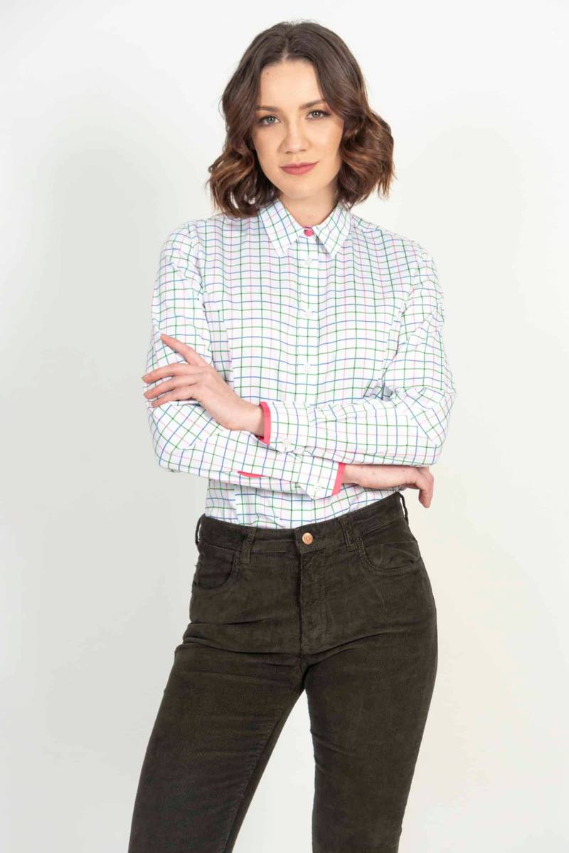 Layla Check cotton satin shirt with LYCRA pink check shirt