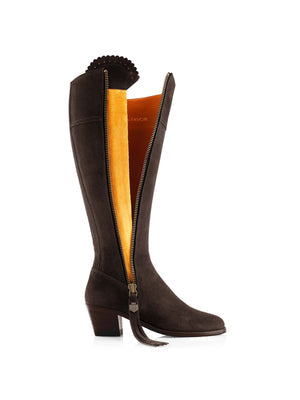 The Regina Women's Tall Heeled Boot - Chocolate Suede, Sporting Calf