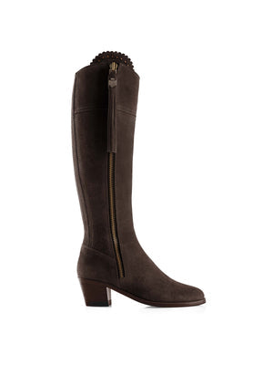 The Regina Women's Tall Heeled Boot - Chocolate Suede, Sporting Calf